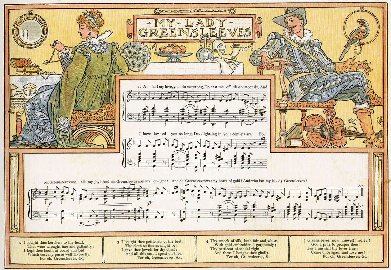&39;My Lady Greensleeves&39;, ilustração da música de &39;Pan-Pipes&39;, Um livro de canções antigas, recém arranjado e com acompanhamentos de Theo. Marzials, publicado em Londres por George Routledge und Sons, 1884 (cor de Walter Crane