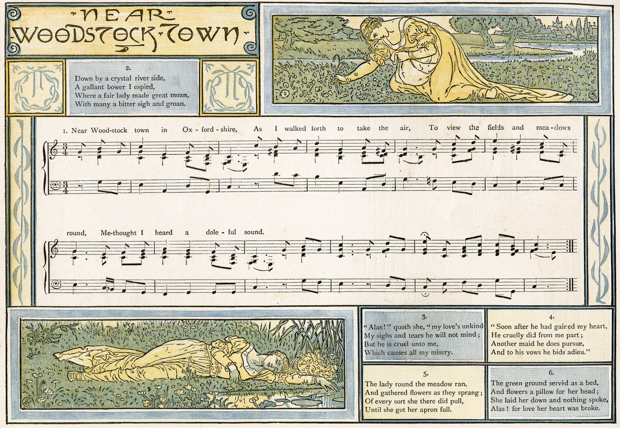 &39;Near Woodstock Town&39;, ilustração da música de &39;Pan-Pipes&39;, Um livro de canções antigas, recém arranjado e com acompanhamentos de Theo. Marzials, publicado em Londres por George Routledge und Sons, 1884 (cor l de Walter Crane