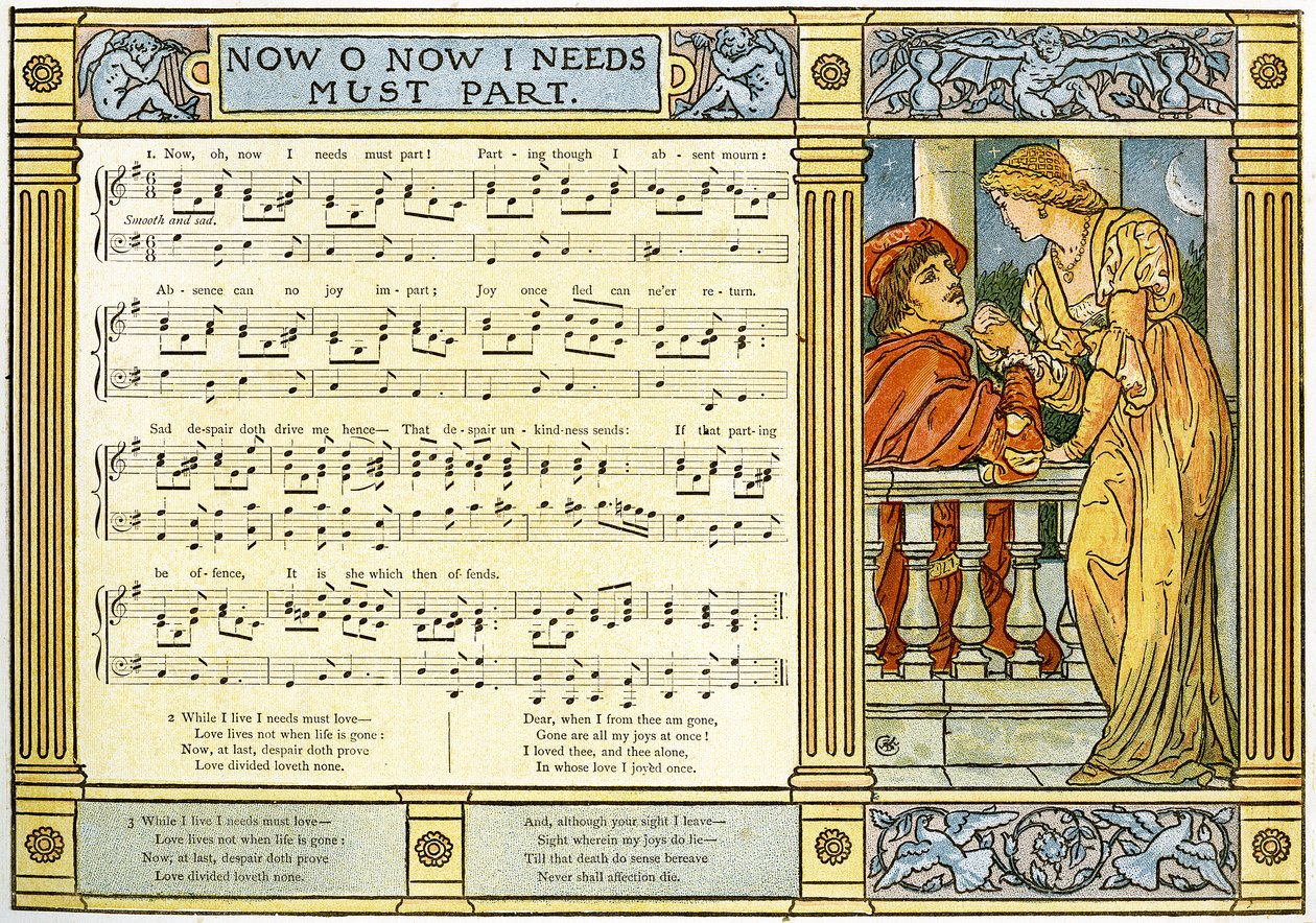 &39;Now, Oh, Now, I Needs Must Part&39;, ilustração da música de &39;Pan-Pipes&39;, Um livro de canções antigas, recém-arranjado e com acompanhamentos de Theo. Marzials, publicado em Londres por George Routledge und Sons, 18 de Walter Crane