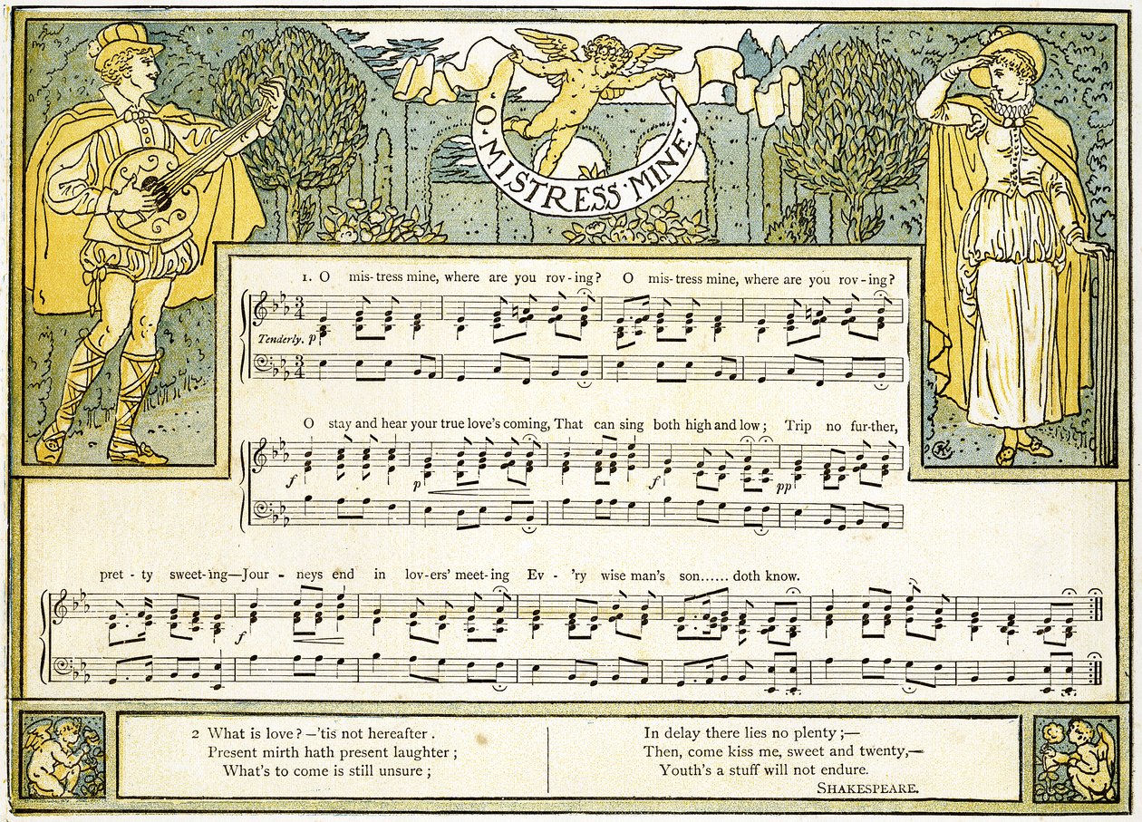 &39;O Mistress Mine, Where Are You Roving&39;, música de &39;Twelfth Night&39;, Ato II, Cena III, ilustração de &39;Pan-Pipes&39;, Um Livro de Canções Antigas, Recém Arranjado e com Acompanhamentos de Theo. Marzials, pu de Walter Crane