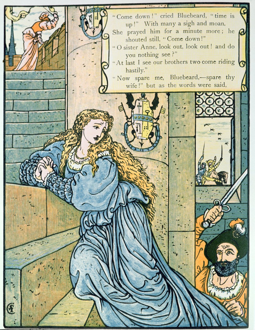 &39;Ó irmã Anne, você não vê nada&39;, ilustração para &39;Bluebeard&39; por Charles Perrault (1628-1703) (gravura a cores) de Walter Crane
