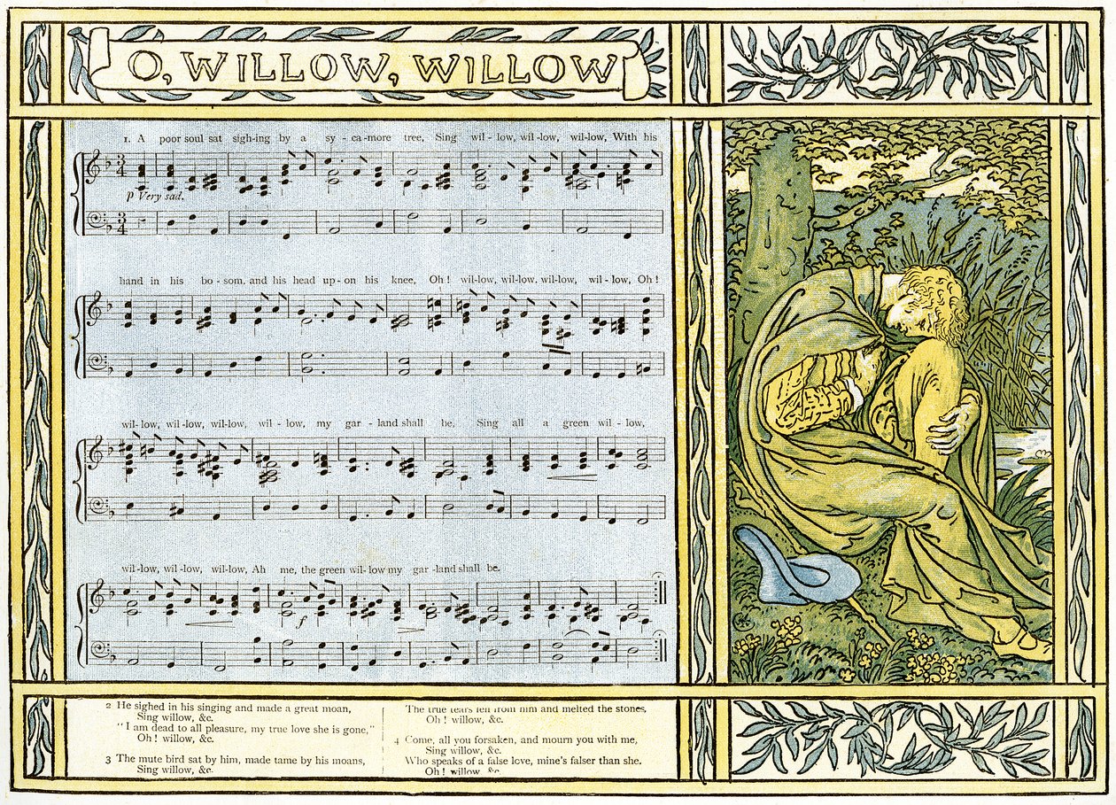 &39;O Willow, Willow&39;, música folclórica inglesa tradicional, ilustração de &39;Pan-Pipes&39;, Um livro de canções antigas, recém arranjado e com acompanhamentos de Theo. Marzials publicado em Londres por George Routledge de Walter Crane