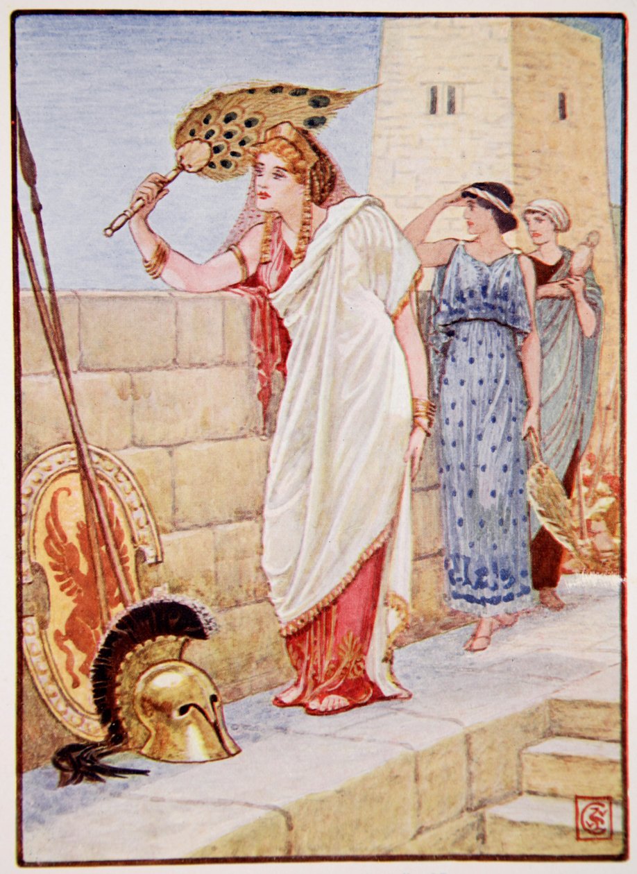 Muitas vezes ela ficava nas paredes de Tróia, ilustração de A História da Grécia por Mary Macgregor, 1a edição, 1913 (impressão colorida) de Walter Crane