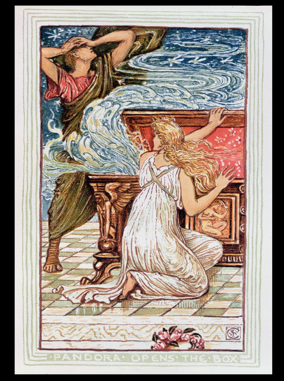 Pandora abre a caixa, ilustração para &39;The Greek Mythological Legend&39;, publicada em 1910 de Walter Crane