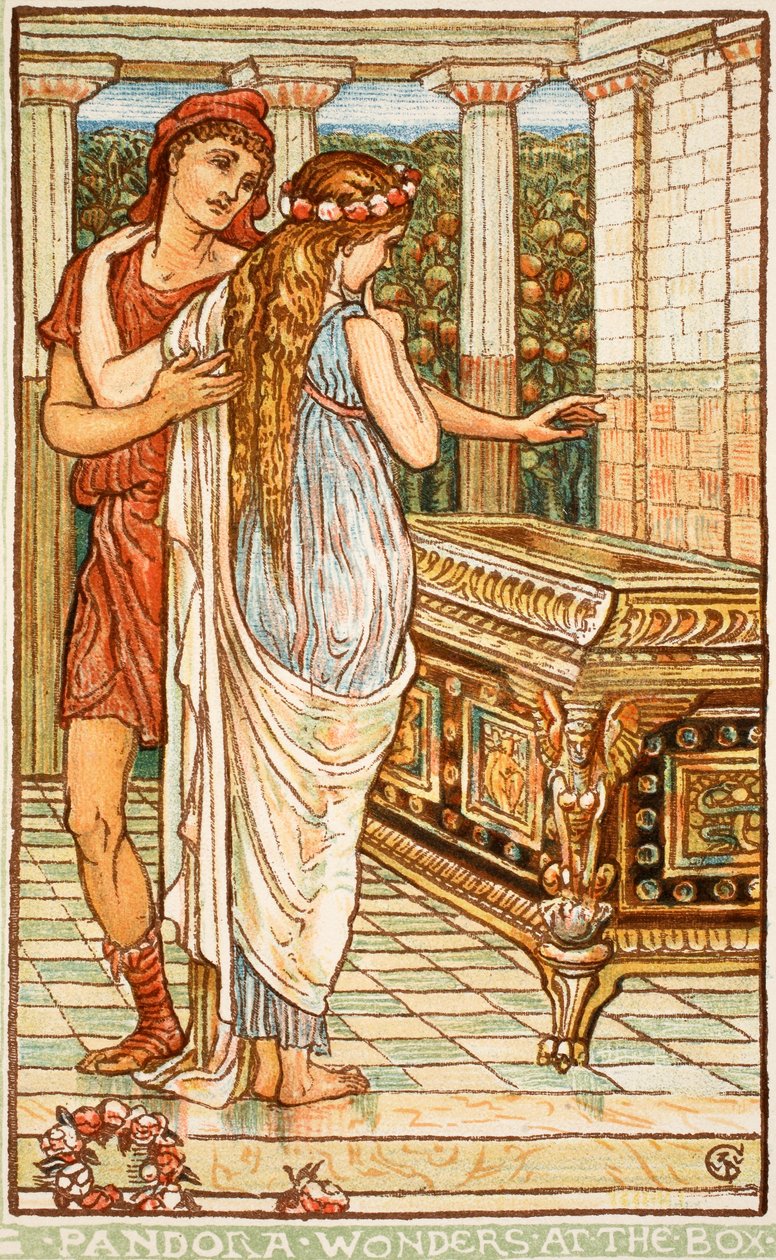 Pandora maravilhas na caixa, ilustração de &39;Um livro de maravilhas para meninas e meninos&39; por Nathanial Hawthorne, 1852 de Walter Crane