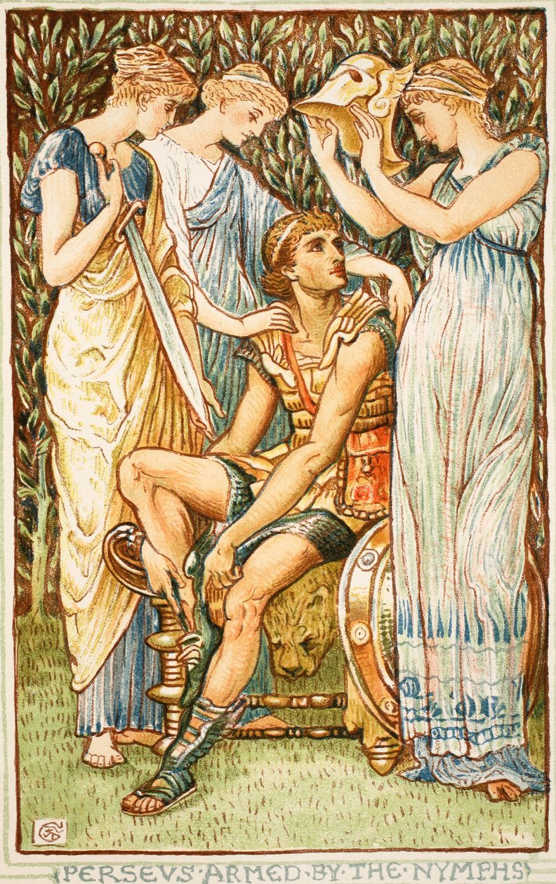 Perseu armado pelas ninfas, ilustração de &39;Um livro de maravilhas para meninas e meninos&39; por Nathanial Hawthorne, 1852 de Walter Crane