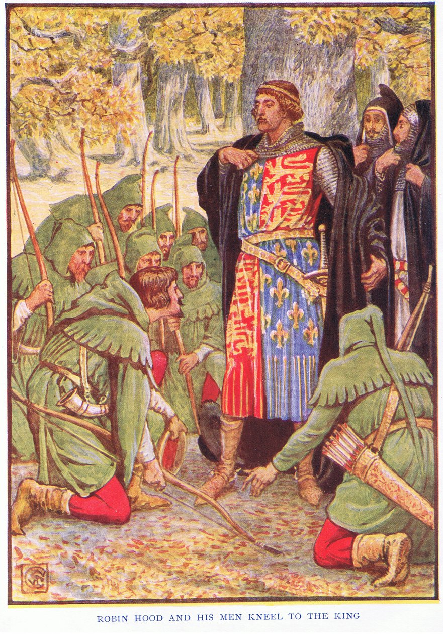 Robin e seus homens se ajoelham ao rei, c.1920 de Walter Crane