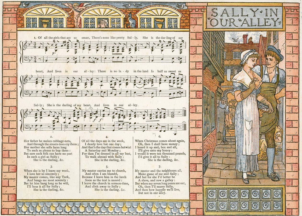 &39;Sally in our Alley&39;, ilustração de canção de &39;Pan-Pipes&39;, um livro de canções antigas, recentemente arranjado e com acompanhamentos por Theo. Marzials, publicado em Londres por George Routledge und Sons, 1884 (cor li de Walter Crane