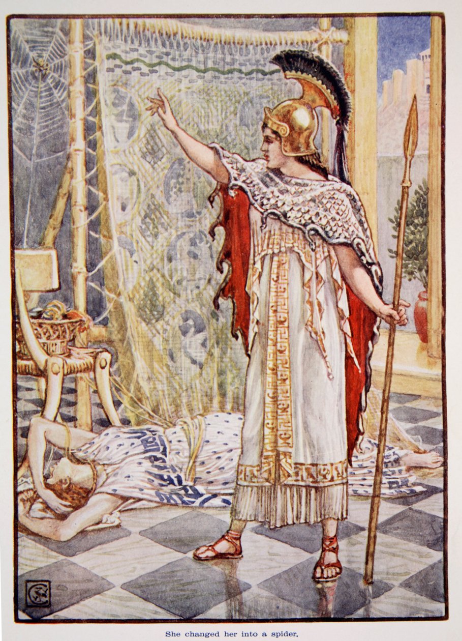 Ela a transformou em uma aranha, ilustração de "A História da Grécia", de Mary Macgregor, 1a edição, 1913 (impressão colorida) de Walter Crane