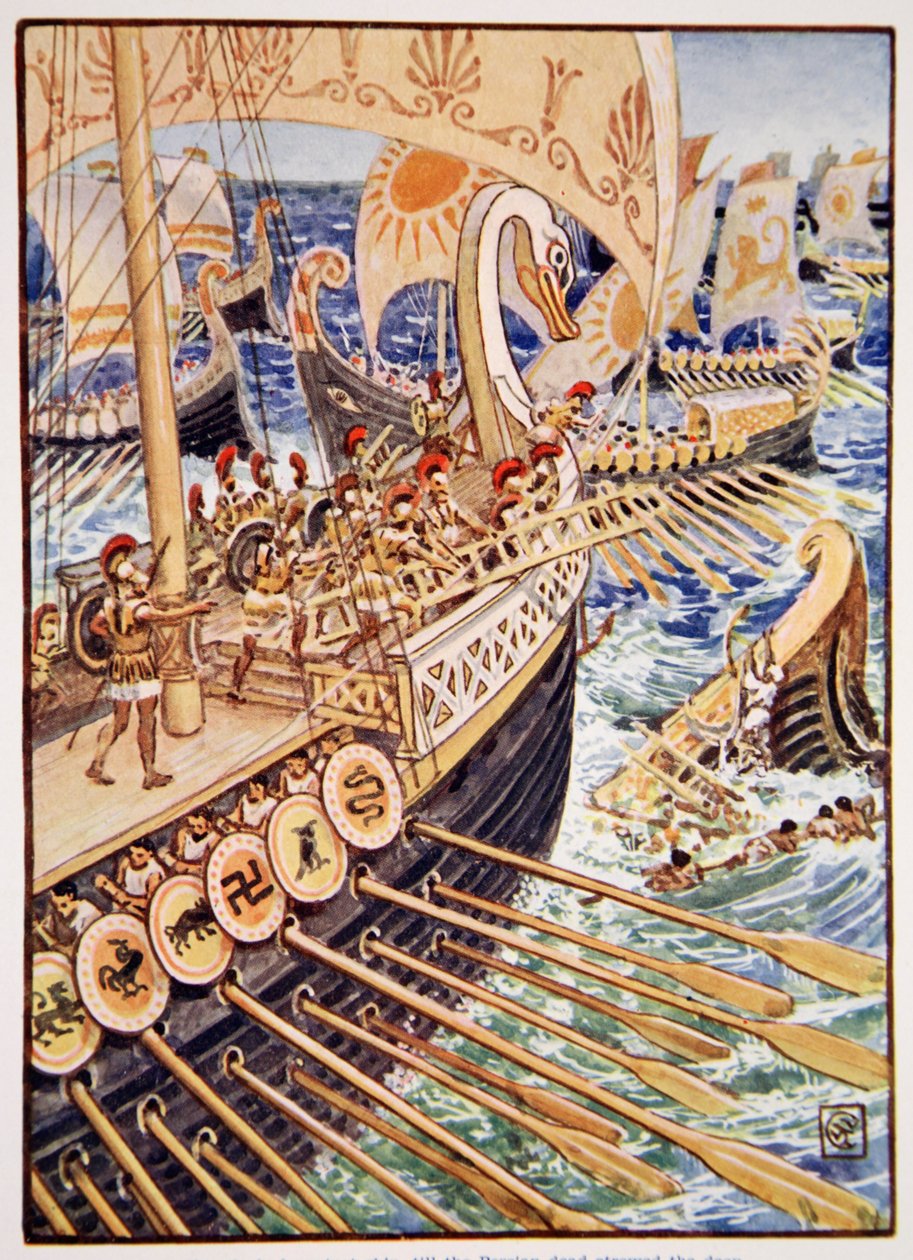 Naufragou navio contra navio, até que os persas mortos espalhados o fundo "como flores", ilustração de "A História da Grécia" por Mary Macgregor, 1 ª edição, 1913 (impressão colorida) de Walter Crane