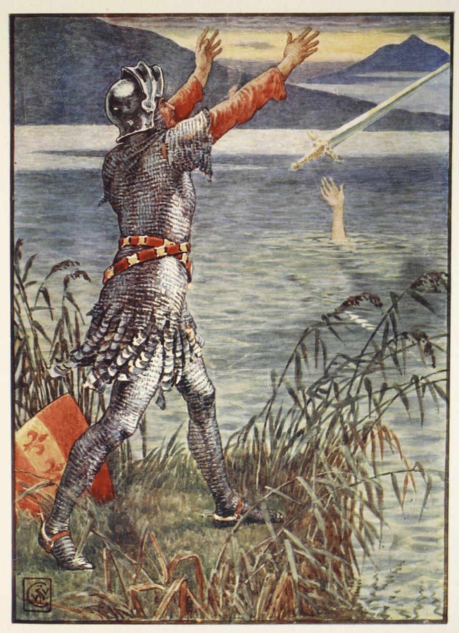 Sir Bedivere lança a espada Excalibur no lago, de "Histórias dos Cavaleiros da Távola Redonda" de Henry Gilbert, primeira edição, 1911 de Walter Crane