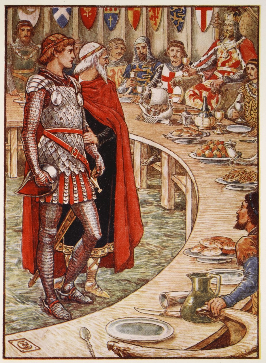 Sir Galahad é levado à Corte do Rei Arthur, de "Histórias dos Cavaleiros da Távola Redonda", de Henry Gilbert, primeira edição, 1911 de Walter Crane