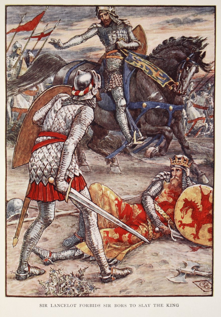 Sir Lancelot proíbe Sir Bors de matar o rei, de "Histórias dos Cavaleiros da Távola Redonda" de Henry Gilbert, primeira edição, 1911 de Walter Crane