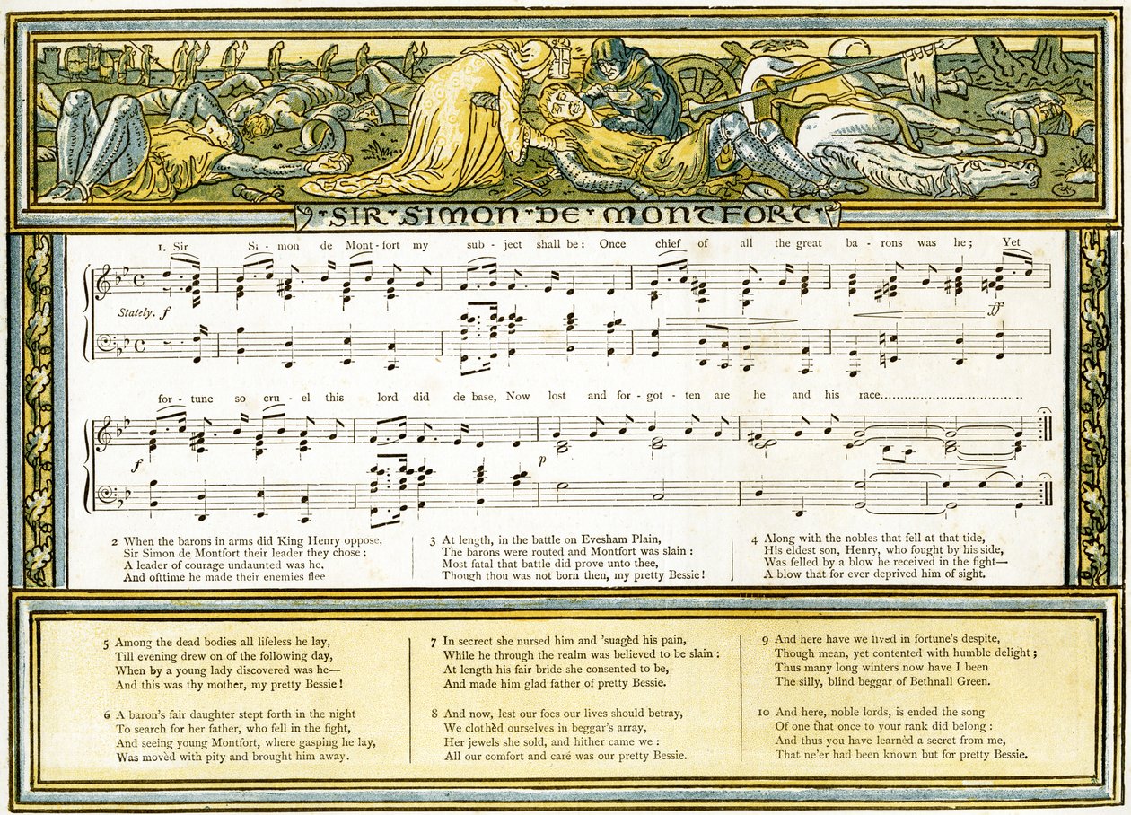 &39;Sir Simon de Montfort&39;, ilustração da canção de &39;Pan-Pipes&39;, um livro de canções antigas, recentemente arranjado e com acompanhamentos por Theo. Marzials, publicado em Londres por George Routledge und Sons, 1884 (cor de Walter Crane