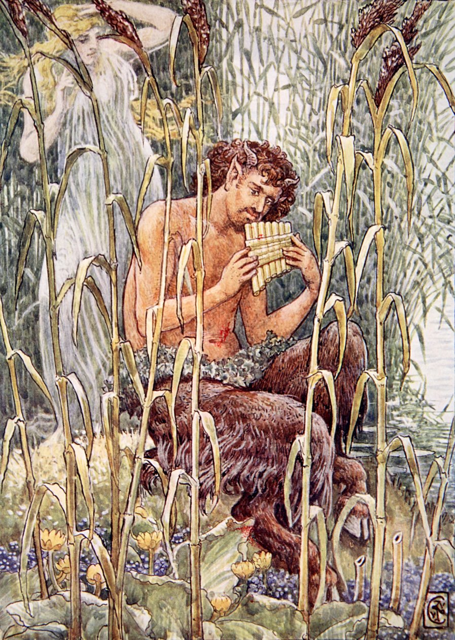 Doce, doce e penetrante foi a música do cachimbo de Pan, ilustração de "A História da Grécia", de Mary Macgregor, 1a edição, 1913 (impressão colorida) de Walter Crane