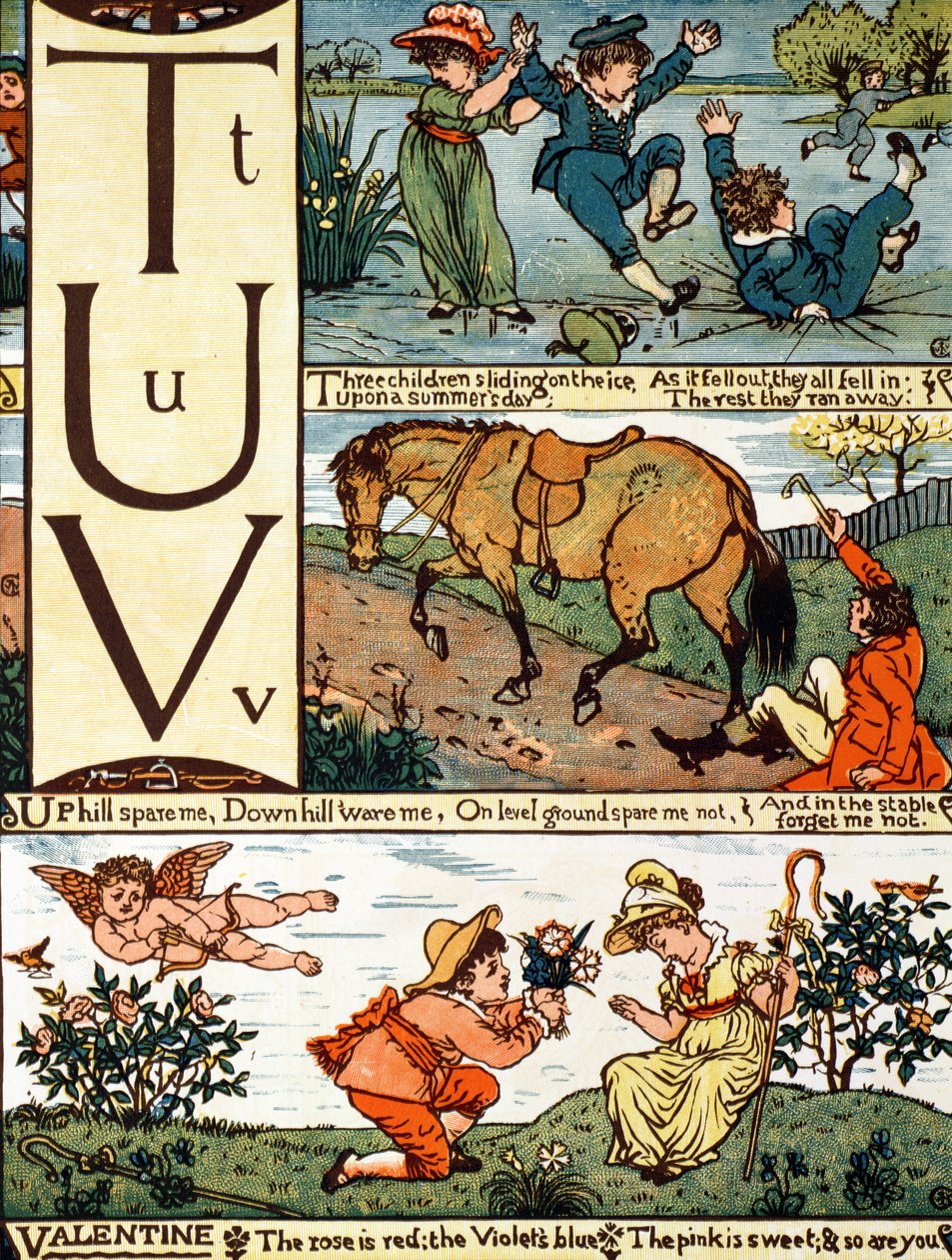 T para V de um alfabeto baseado em velhas rimas de Walter Crane