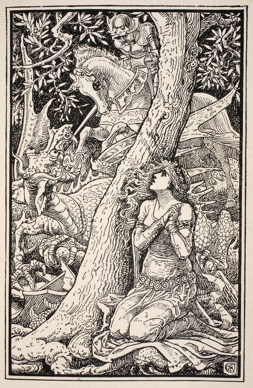 Apavorado, agachado, arquejando no chão, ilustração do livro "Folk and Fairy Tales" de Mrs. Burton Harrison, 1885 de Walter Crane