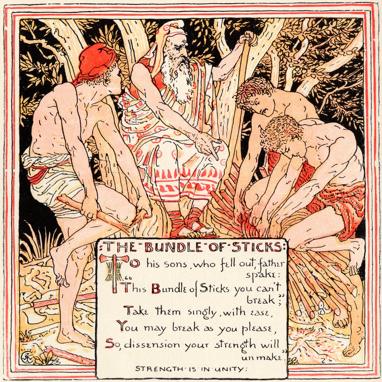 The Bundle of Sticks, ilustração de &39;Baby&39;s Own Esopo&39;, gravada e impressa por Edmund Evans, Londres, publicada em 1920 de Walter Crane