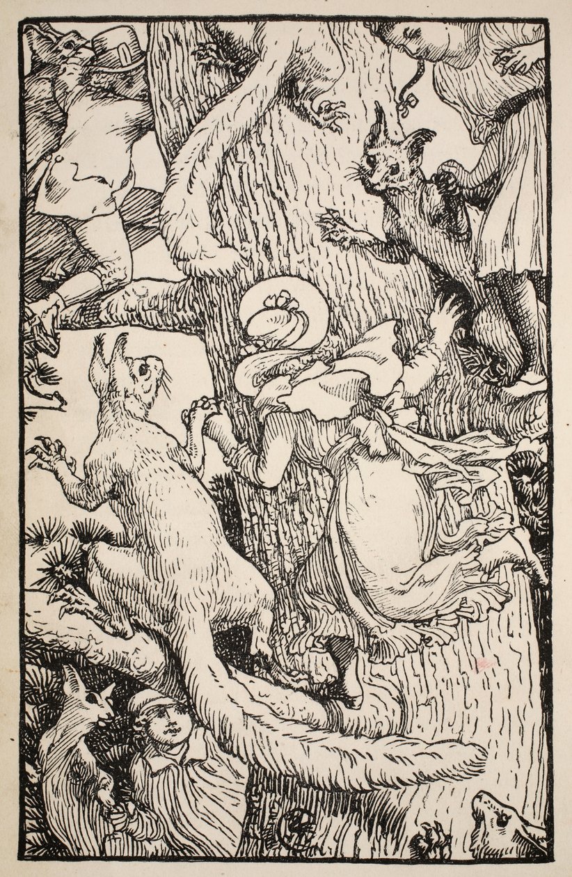 As crianças escalaram a árvore de Natal com animais e tudo, ilustração de "Folk and Fairy Tales" da Sra. Burton Harrison, 1885 de Walter Crane
