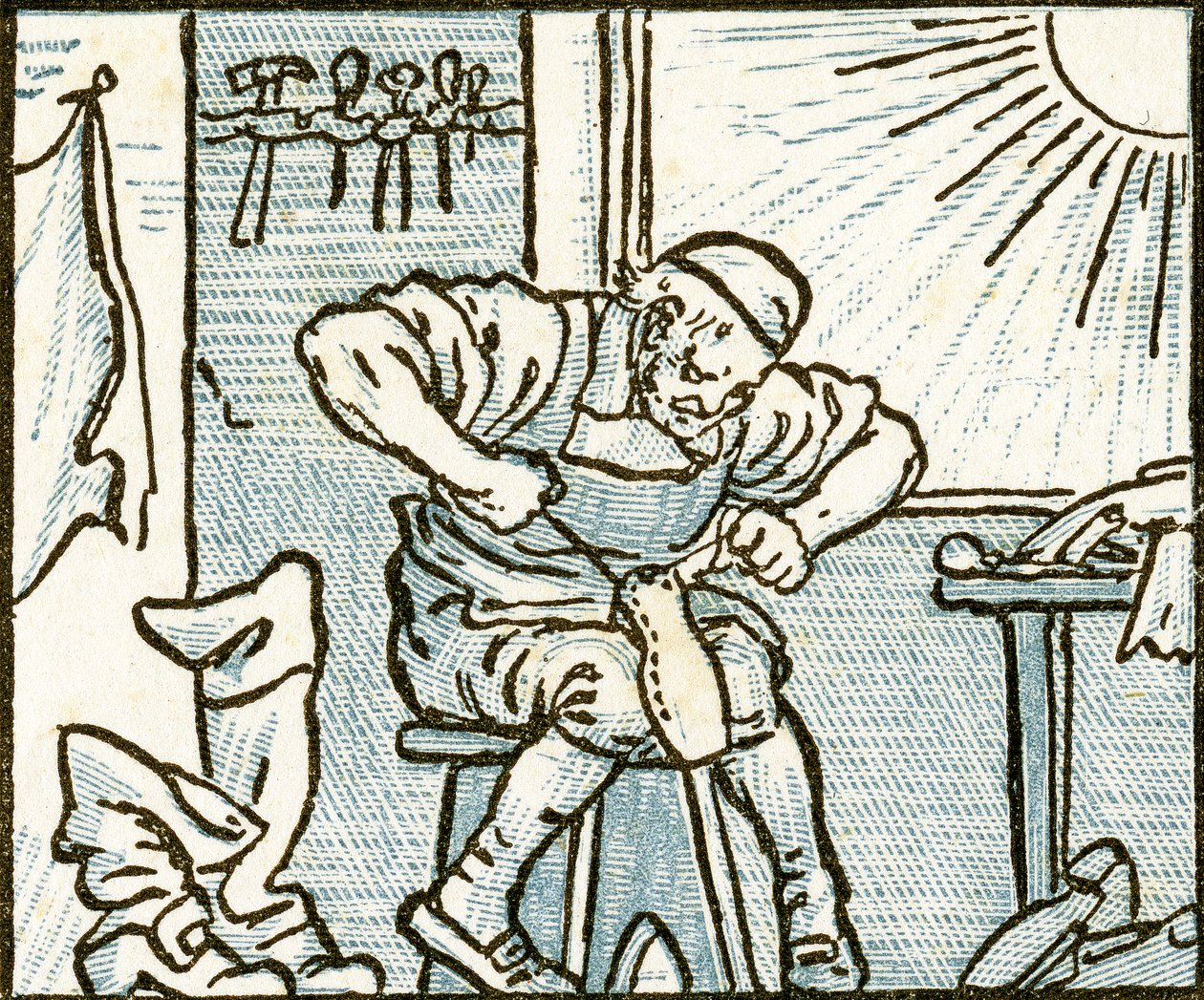 The Cobbler, ilustração da música de &39;Who Liveth So Merry em toda esta terra&39;, de &39;Pan-Pipes&39;, um livro de canções antigas, recentemente arranjado e com acompanhamentos por Theo. Marzials, publicado em Londres por Geor de Walter Crane