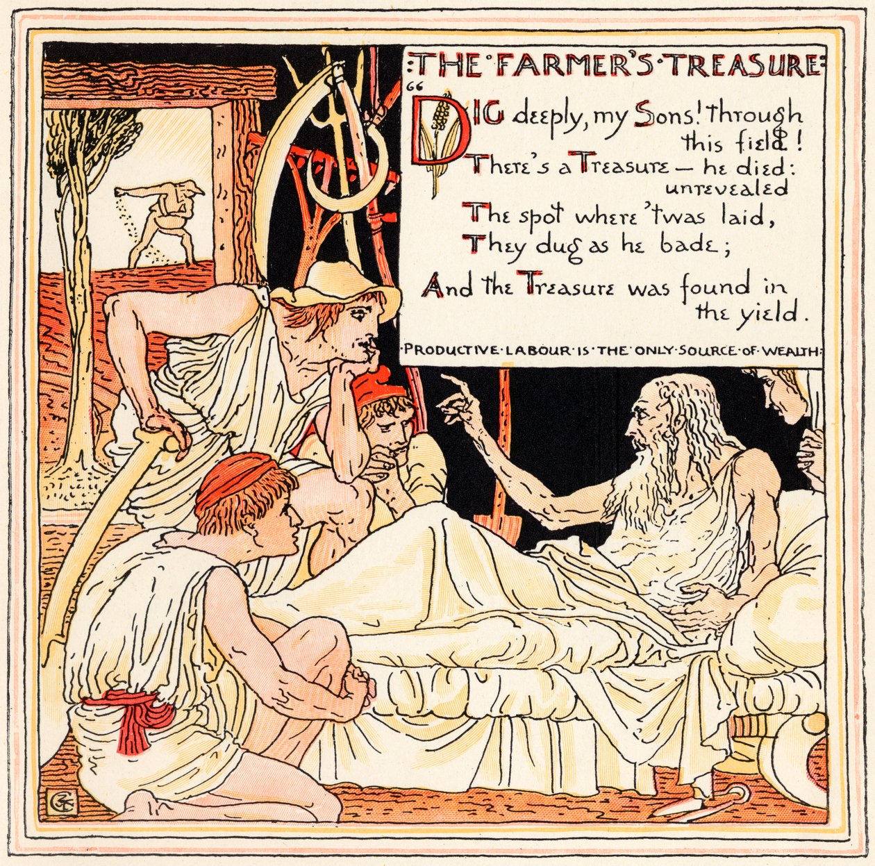 O Tesouro do Fazendeiro, ilustração de &39;Baby&39;s Own Esopo&39;, gravada e impressa por Edmund Evans, Londres, publicada em 1920 de Walter Crane