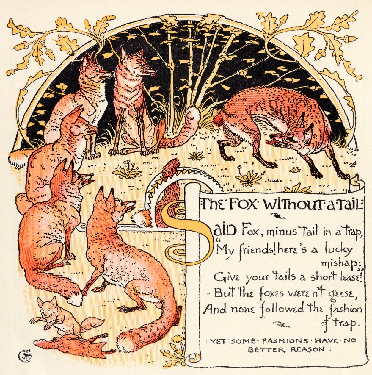 A raposa sem rabo, ilustração de &39;Baby&39;s Own Esopo&39;, gravada e impressa por Edmund Evans, Londres, publicada em 1920 de Walter Crane