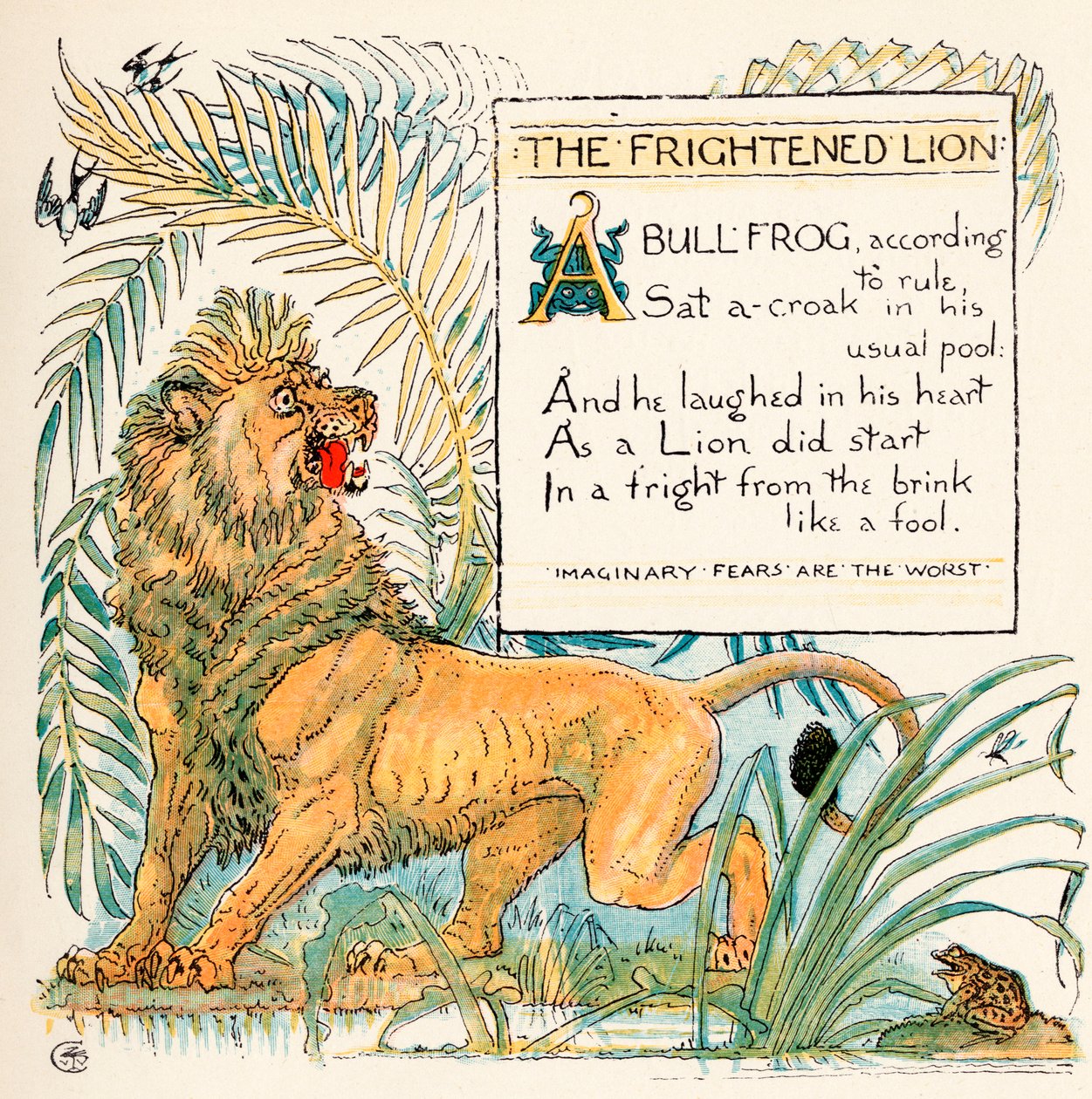O Leão Assustado, ilustração de &39;Baby&39;s Own Esopo&39;, gravada e impressa por Edmund Evans, Londres, publicada em 1920 de Walter Crane