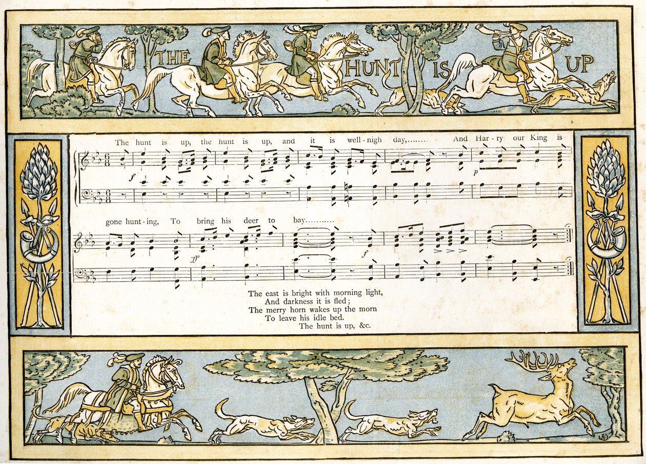 &39;The Hunt is Up e é quase todo o dia e Harry, o nosso Rei, foi embora à caça&39;, ilustração de Canção de &39;Pan-Pipes&39;, Um Livro de Canções Antigas, Recentemente Arranjado e com Acompanhamentos de Theo. Marzials, publishe de Walter Crane