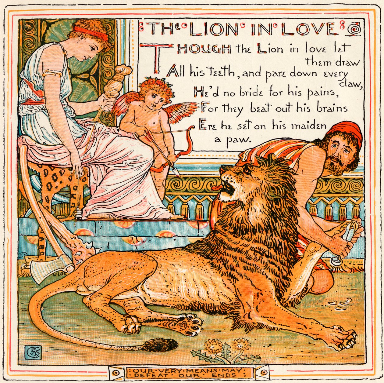 O Leão Apaixonado, ilustração de &39;Baby&39;s Own Esopo&39;, gravada e impressa por Edmund Evans, Londres, publicada em 1920 de Walter Crane