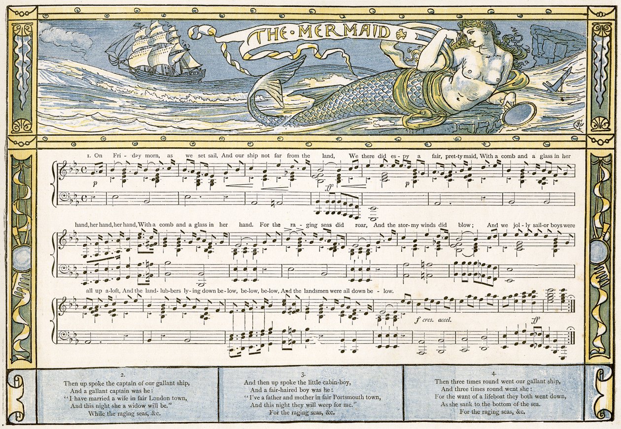 &39;The Mermaid&39;, ilustração de canção de &39;Pan-Pipes&39;, um livro de canções antigas, recentemente arranjado e com acompanhamentos por Theo. Marzials, publicado em Londres por George Routledge und Sons, 1884 de Walter Crane