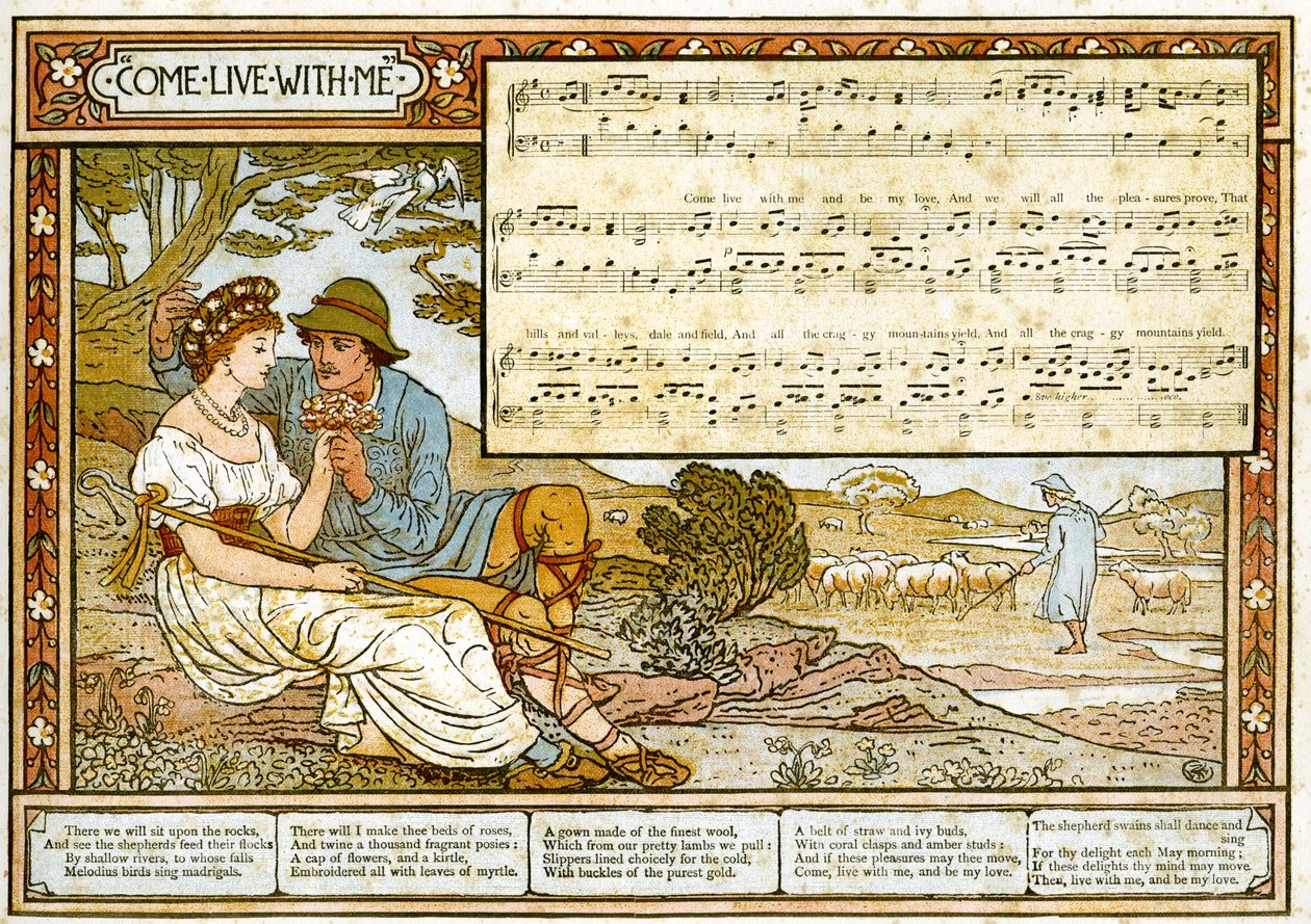 "O Pastor apaixonado ao seu amor", ilustração da música de "Pan-Pipes", um livro de canções antigas, recentemente arranjado e com acompanhamentos por Theo. Marzials, publicado em Londres por George Routledge und Sons de Walter Crane