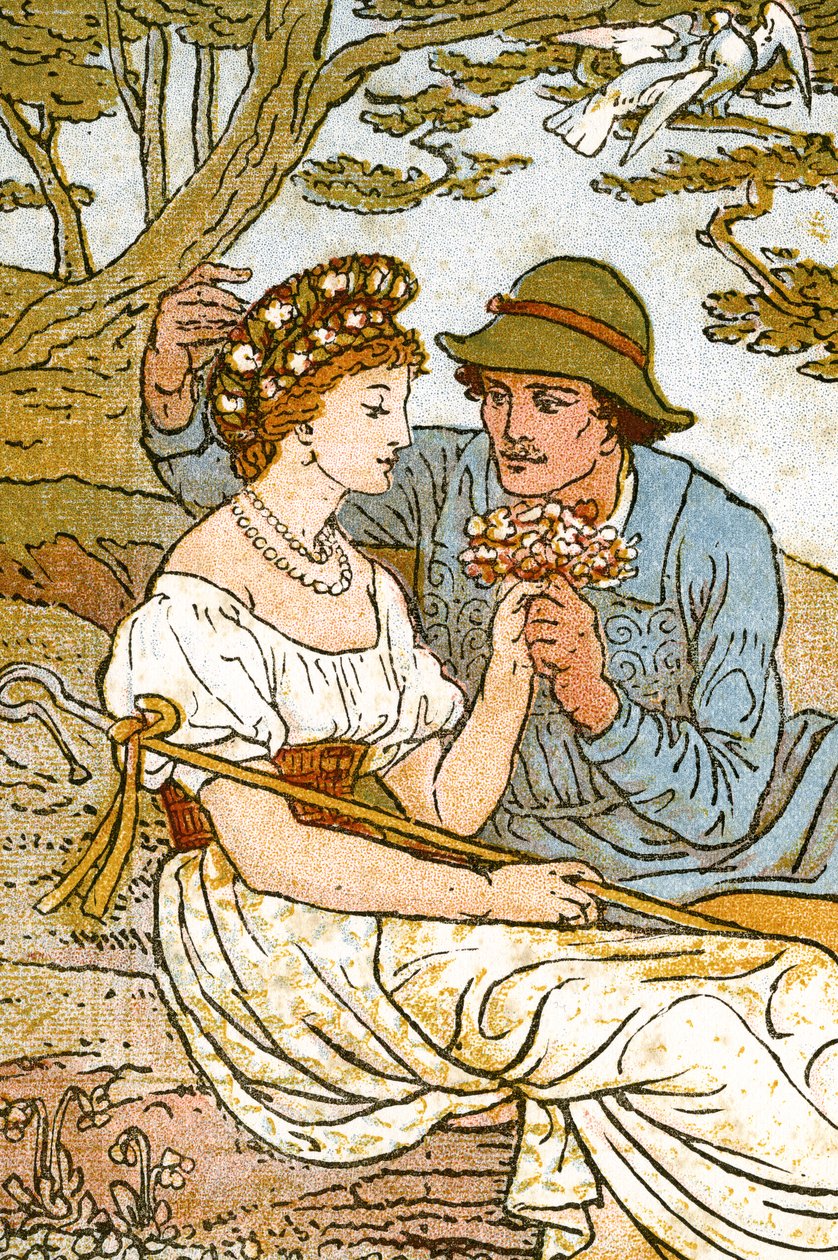 "O Pastor apaixonado ao seu amor", ilustração da música de "Pan-Pipes", um livro de canções antigas, recentemente arranjado e com acompanhamentos por Theo. Marzials, publicado em Londres por George Routledge und Sons de Walter Crane