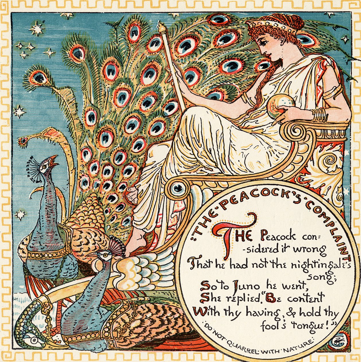 A queixa do pavão, ilustração de &39;Baby&39;s Own Esopo&39;, gravada e impressa por Edmund Evans, Londres, publicada em 1920 de Walter Crane