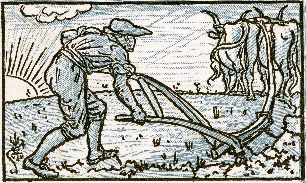 The Ploughman, ilustração da música de &39;Who Liveth So Merry em toda esta terra&39;, de &39;Pan-Pipes&39;, um livro de canções antigas, recentemente arranjado e com acompanhamentos por Theo. Marzials, publicado em Londres por Ge de Walter Crane