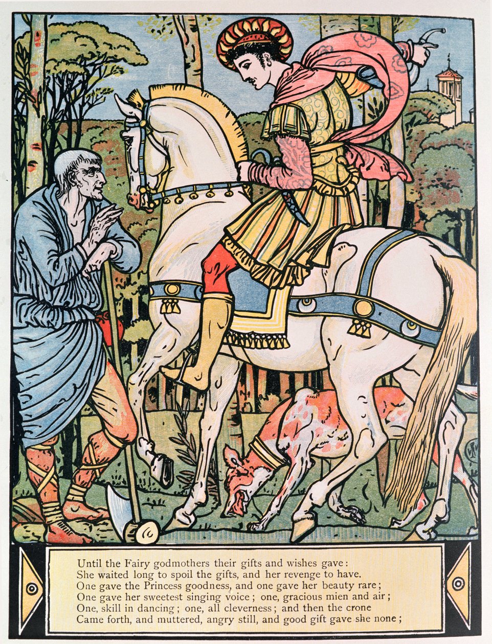 O príncipe consultar um camponês, ilustração para &39;a bela adormecida&39; por Charles Perrault (1628-1703) (gravura a cores) de Walter Crane