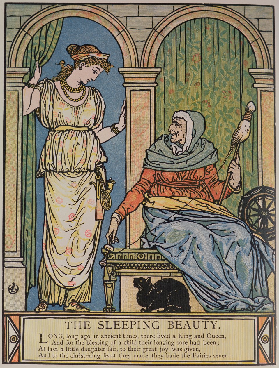 A princesa e a velha com a roda de fiar, ilustração para &39;a bela adormecida&39; por Charles Perrault (1628-1703) (gravura a cores) de Walter Crane