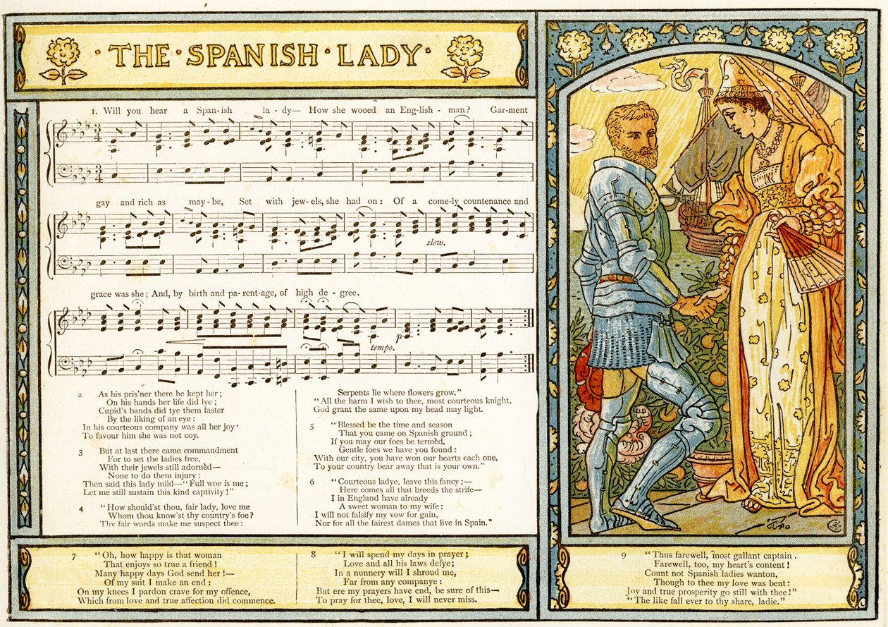 &39;The Spanish Lady&39;, ilustração de canção de &39;Pan-Pipes&39;, Um livro de canções antigas, recentemente arranjado e com acompanhamentos por Theo. Marzials, publicado em Londres por George Routledge und Sons, 1884 (cor lith de Walter Crane
