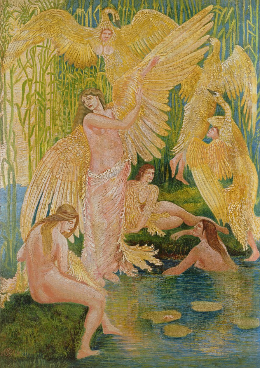 The Swan Maidens, 1894 (óleo e mídia mista no papel) de Walter Crane
