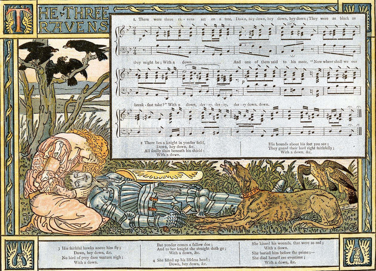 &39;The Three Ravens&39;, ilustração de canção de &39;Pan-Pipes&39;, Um livro de canções antigas, recentemente arranjado e com acompanhamentos de Theo. Marzials, publicado em Londres por George Routledge und Sons, 1884 (cor lith de Walter Crane