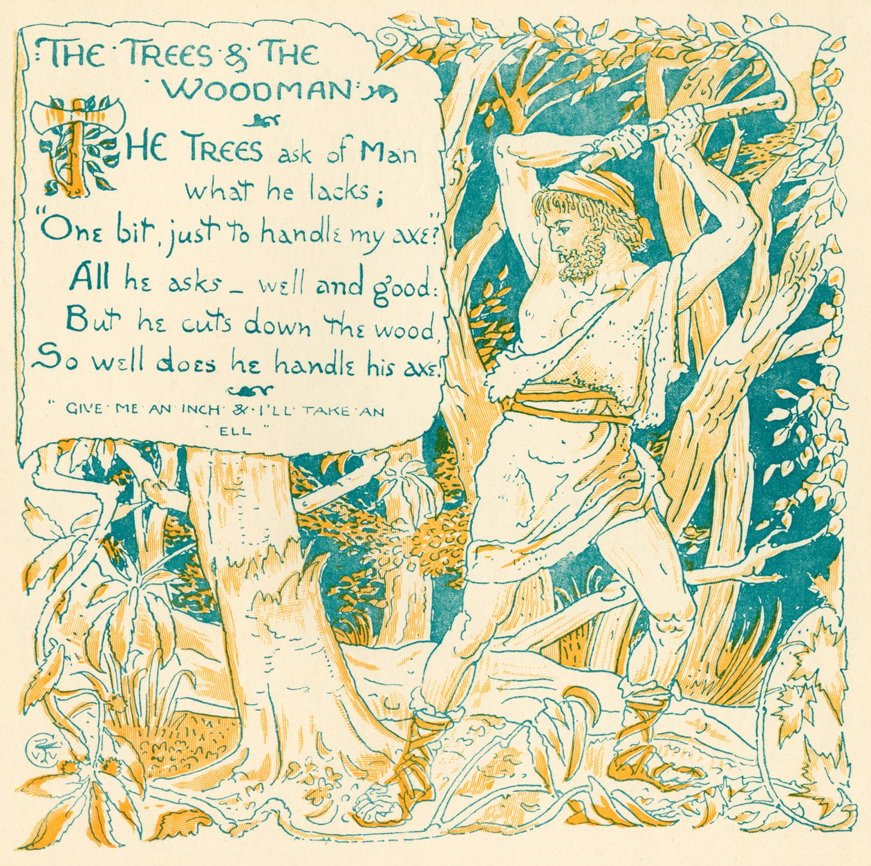 As árvores e o lenhador, ilustração de &39;Baby&39;s Own Esopo&39;, gravada e impressa por Edmund Evans, Londres, publicada em 1920 de Walter Crane