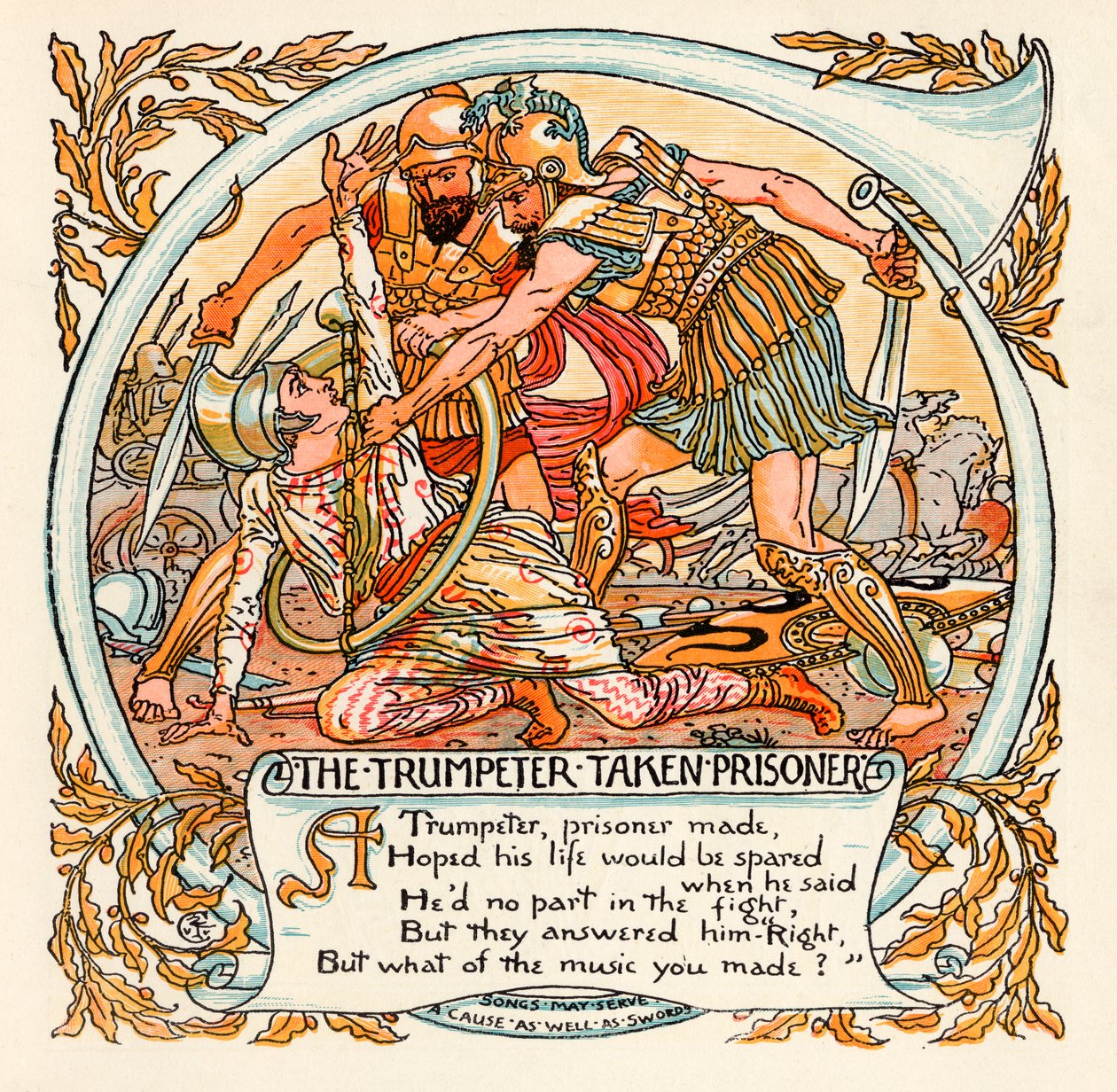 Trumpeter taken Prisoner, ilustração de &39;Baby&39;s Own Esopo&39;, gravada e impressa por Edmund Evans, Londres, publicada em 1920 de Walter Crane