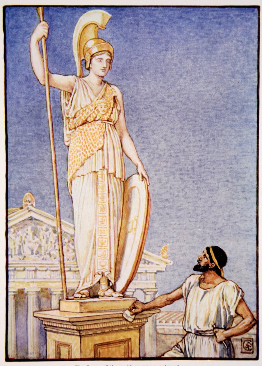 A figura da deusa era colossal, ilustração de "A História da Grécia", de Mary Macgregor, 1ª edição, 1913 (impressão colorida) de Walter Crane