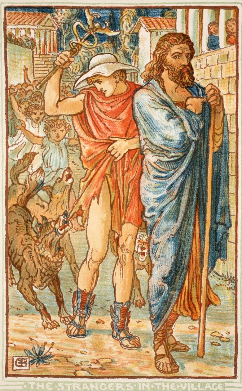 Os estranhos na aldeia, ilustração de &39;A Wonder-Book para meninas e meninos&39; por Nathanial Hawthorne, 1852 de Walter Crane