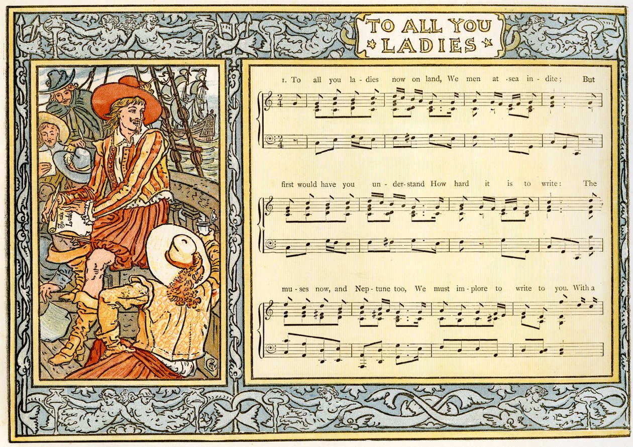 &39;To All You Ladies agora na terra, Nós homens no mar&39;, ilustração da canção de &39;Pan-Pipes&39;, Um livro de canções antigas, recentemente arranjado e com acompanhamentos por Theo. Marzials, publicado em Londres por George de Walter Crane