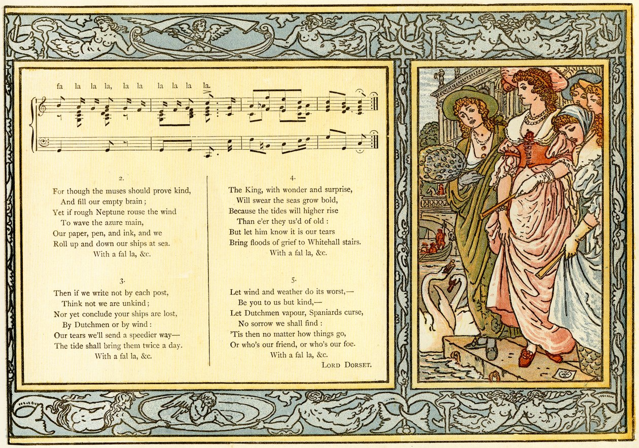 &39;To All You Ladies agora na terra, nós homens no mar indite&39;, ilustração da canção de &39;Pan-Pipes&39;, Um livro de canções antigas, recentemente arranjado e com acompanhamentos por Theo. Marzials, publicado em Londres por George de Walter Crane