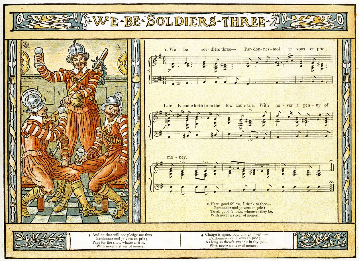 &39;We Be Soldiers Three&39;, ilustração da música de &39;Pan-Pipes&39;, um livro de canções antigas, recém-arranjado e com acompanhamentos de Theo. Marzials, publicado em Londres por George Routledge und Sons, 1884 (cor de Walter Crane