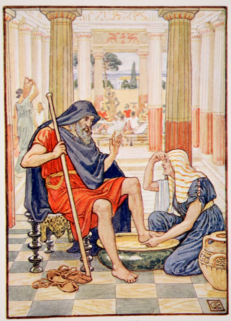 Sim, em verdade, tu és a imagem de Odisseu, de A História da Grécia, de Mary Macgregor, 1a edição, 1913 (impressão colorida) de Walter Crane