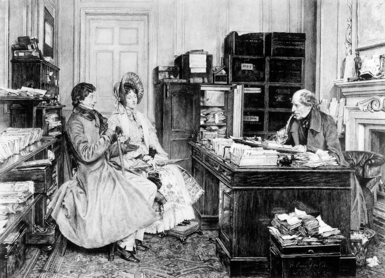 No escritório do advogado, gravado por James Dobie (b.1849) de Walter Dendy Sadler