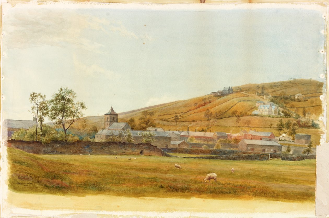 Paisagem, com, igreja, e, ovelhas, lápis, e, aquarela, ligado, papel, colado, ligado, cartão de Walter Follen Bishop