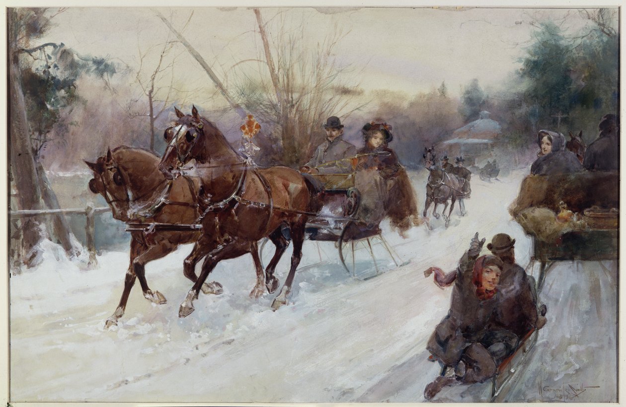 Sleighing in the Park, 1896 (wc e guache sobre papel) de Walter Granville Smith